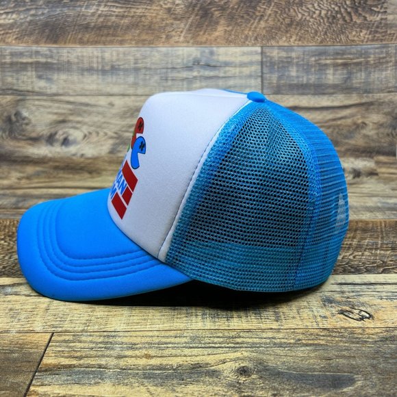 USA Pacman Team Mens Trucker Hat Blue Snapback 80s Retro Logo Video Game Cap - Picture 4 of 8